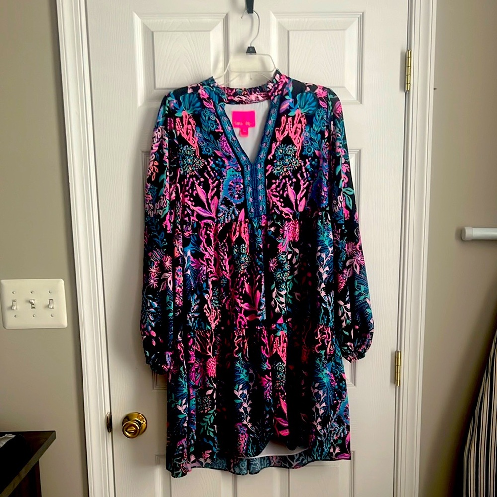 EUC Lilly Pulitzer Arella Woven Swing Dress M Onyx Twilight Coral $75